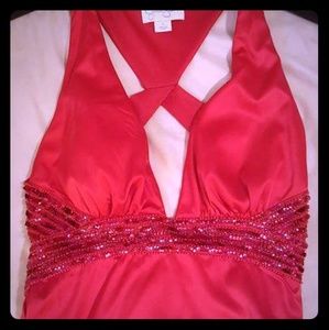 Floor length red beaded gown